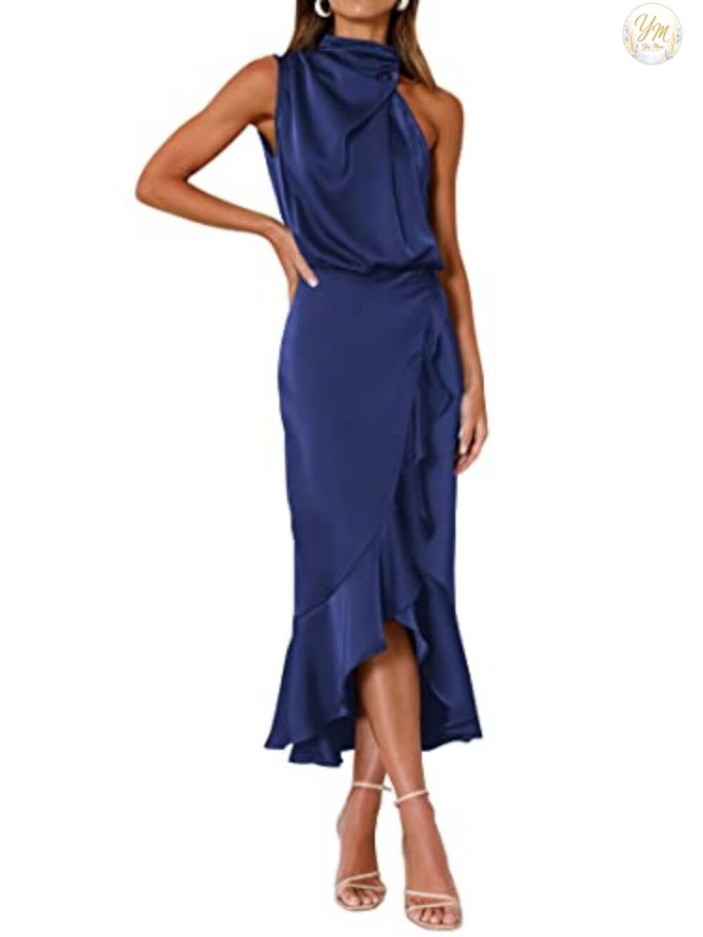 Women's Satin Mock Neck Wrap Bodycon Midi Dress Wedding Guest Cocktail